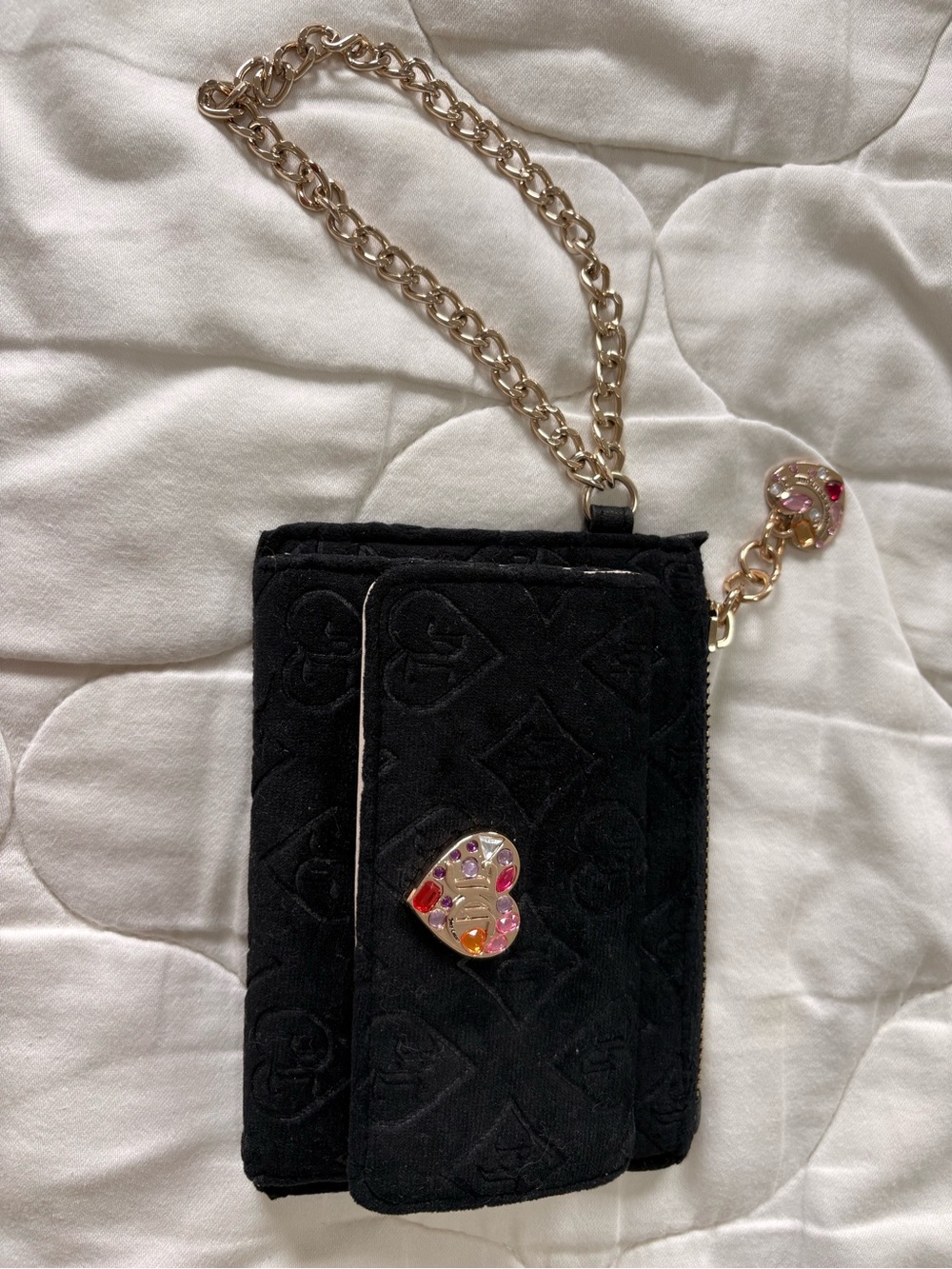 Juicy Couture Black Quilted Velvet Chain Wristlet Wallet with Heart Charm
